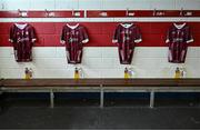 5 May 2024; The jerseys of players, from left, Paul Conroy, Seán Kelly, Johnny Heaney and John Maher in the Galway dressing room before the Connacht GAA Football Senior Championship final match between Galway and Mayo at Pearse Stadium in Galway. Photo by Piaras Ó Mídheach/Sportsfile