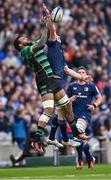 4 May 2024; Ryan Baird of Leinster and Courtney Lawes of Northampton Saints contest a high ball during the Investec Champions Cup semi-final match between Leinster and Northampton Saints at Croke Park in Dublin. Photo by Harry Murphy/Sportsfile