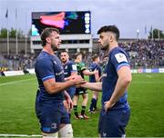4 May 2024; Caelan Doris and Harry Byrne of Leinster after their side's victory in the Investec Champions Cup semi-final match between Leinster and Northampton Saints at Croke Park in Dublin. Photo by Harry Murphy/Sportsfile