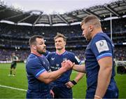 4 May 2024; Leinster players, from left, Cian Healy, Josh van der Flier and Ross Molony after their side's victory in the Investec Champions Cup semi-final match between Leinster and Northampton Saints at Croke Park in Dublin. Photo by Harry Murphy/Sportsfile