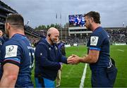 4 May 2024; Leinster senior kitman Jim Bastick and Caelan Doris of Leinster after their side's victory in the Investec Champions Cup semi-final match between Leinster and Northampton Saints at Croke Park in Dublin. Photo by Harry Murphy/Sportsfile