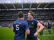 4 May 2024; Ryan Baird and Joe McCarthy of Leinster after their side's victory in the Investec Champions Cup semi-final match between Leinster and Northampton Saints at Croke Park in Dublin. Photo by Harry Murphy/Sportsfile