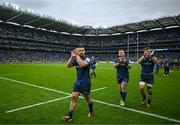4 May 2024; Rónan Kelleher, Andrew Porter and Josh van der Flier of Leinster after their side's victory in the Investec Champions Cup semi-final match between Leinster and Northampton Saints at Croke Park in Dublin. Photo by Harry Murphy/Sportsfile