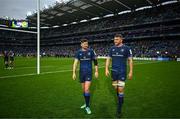 4 May 2024; Ross Byrne abd Ross Molony of Leinster after their side's victory in the Investec Champions Cup semi-final match between Leinster and Northampton Saints at Croke Park in Dublin. Photo by Harry Murphy/Sportsfile