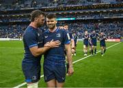 4 May 2024; Caelan Doris and Harry Byrne of Leinster after their side's victory in the Investec Champions Cup semi-final match between Leinster and Northampton Saints at Croke Park in Dublin. Photo by Harry Murphy/Sportsfile