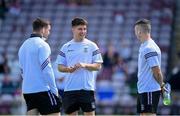 5 May 2024; Galway captain Seán Kelly, centre, with teammates Damien Comer, left, and Johnny Heaney before the Connacht GAA Football Senior Championship final match between Galway and Mayo at Pearse Stadium in Galway. Photo by Seb Daly/Sportsfile