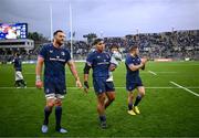 4 May 2024; Leinster players, from left, Jason Jenkins, Michael Ala'alatoa, with his son Miles, and Jordan Larmour after their side's victory in the Investec Champions Cup semi-final match between Leinster and Northampton Saints at Croke Park in Dublin. Photo by Harry Murphy/Sportsfile