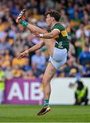 5 May 2024; David Clifford of Kerry kicks a point during the Munster GAA Football Senior Championship final match between Kerry and Clare at Cusack Park in Ennis, Clare. Photo by Brendan Moran/Sportsfile