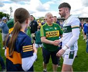 5 May 2024; Kerry goalkeeper Shane Murphy is congratulated by a Kerry supporter after the Munster GAA Football Senior Championship final match between Kerry and Clare at Cusack Park in Ennis, Clare. Photo by Brendan Moran/Sportsfile