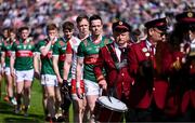5 May 2024; Mayo captain Stephen Coen leads his team-mates in the parade before the Connacht GAA Football Senior Championship final match between Galway and Mayo at Pearse Stadium in Galway. Photo by Piaras Ó Mídheach/Sportsfile