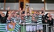 5 May 2024; Cockhill Celtic captain James Bradley lift the cup alongside his teammates after the FAI Junior Cup final match between Cockhill Celtic and Gorey Rangers at Eamonn Deacy Park in Galway. Photo by Ben McShane/Sportsfile