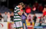 5 May 2024; Lee McColgan of Cockhill Celtic reacts after missing a penalty in the penalty shootout of the FAI Junior Cup final match between Cockhill Celtic and Gorey Rangers at Eamonn Deacy Park in Galway. Photo by Ben McShane/Sportsfile