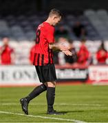 5 May 2024; Gavin O'Brien of Gorey Rangers reacts after missing a penalty in the penalty shootout of the FAI Junior Cup final match between Cockhill Celtic and Gorey Rangers at Eamonn Deacy Park in Galway. Photo by Ben McShane/Sportsfile