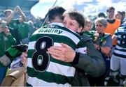 5 May 2024; Cockhill Celtic captain James Bradley celebrates with his mother Maureen after the FAI Junior Cup final match between Cockhill Celtic and Gorey Rangers at Eamonn Deacy Park in Galway. Photo by Ben McShane/Sportsfile