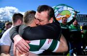 5 May 2024; An emotional Cockhill Celtic head coach Gavin Cullen celebrates with winning penalty scorer Garbhan Friel of Cockhill Celtic, left, after the FAI Junior Cup final match between Cockhill Celtic and Gorey Rangers at Eamonn Deacy Park in Galway. Photo by Ben McShane/Sportsfile