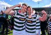 5 May 2024; Odhran O'Brien-Daly, left, and Oisin McColgan of Cockhill Celtic celebrate after the FAI Junior Cup final match between Cockhill Celtic and Gorey Rangers at Eamonn Deacy Park in Galway. Photo by Ben McShane/Sportsfile