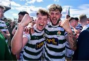 5 May 2024; Jack Doherty, left, and Lee McColgan of Cockhill Celtic celebrate after the FAI Junior Cup final match between Cockhill Celtic and Gorey Rangers at Eamonn Deacy Park in Galway. Photo by Ben McShane/Sportsfile