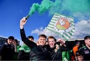 5 May 2024; Cockhill Celtic supporters celebrate after the FAI Junior Cup final match between Cockhill Celtic and Gorey Rangers at Eamonn Deacy Park in Galway. Photo by Ben McShane/Sportsfile