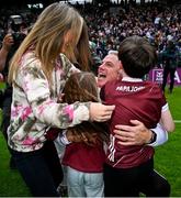 5 May 2024; Galway manager Padraic Joyce celebrates with his wife Tracey, daughter Jodie, and son Charlie, after his side's victory in the Connacht GAA Football Senior Championship final match between Galway and Mayo at Pearse Stadium in Galway. Photo by Seb Daly/Sportsfile