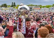5 May 2024; Galway captain Seán Kelly with the trophy after his side's victory in during the Connacht GAA Football Senior Championship final match between Galway and Mayo at Pearse Stadium in Galway. Photo by Seb Daly/Sportsfile
