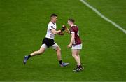 5 May 2024; Galway goalkeeper Connor Gleeson is congratulated by team-mate Jack Glynn after scoring the winning point near the end of the Connacht GAA Football Senior Championship final match between Galway and Mayo at Pearse Stadium in Galway. Photo by Daire Brennan/Sportsfile