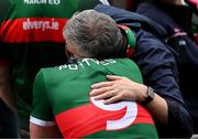 5 May 2024; Matthew Ruane of Mayo is consoled by a supporter after the Connacht GAA Football Senior Championship final match between Galway and Mayo at Pearse Stadium in Galway. Photo by Daire Brennan/Sportsfile