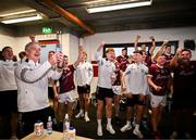 5 May 2024; Galway manager Padraic Joyce, left, celebrates in the dressing room after his side's victory in the Connacht GAA Football Senior Championship final match between Galway and Mayo at Pearse Stadium in Galway. Photo by Piaras Ó Mídheach/Sportsfile