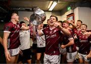 5 May 2024; Shane Walsh of Galway celebrates with the Nestor Cup in the dressing room after his side's victory in the Connacht GAA Football Senior Championship final match between Galway and Mayo at Pearse Stadium in Galway. Photo by Piaras Ó Mídheach/Sportsfile