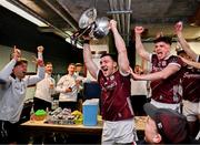 5 May 2024; Damien Comer of Galway celebrates with the Nestor Cup in the dressing room after victory in the Connacht GAA Football Senior Championship final match between Galway and Mayo at Pearse Stadium in Galway. Photo by Piaras Ó Mídheach/Sportsfile