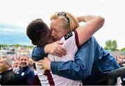 5 May 2024; Galway goalkeeper Connor Gleeson celebrates with supporter Carmel McGrath, form Killererin, Co Galway, after the Connacht GAA Football Senior Championship final match between Galway and Mayo at Pearse Stadium in Galway. Photo by Daire Brennan/Sportsfile
