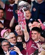 5 May 2024; Galway captain Seán Kelly lifts the Nestor Cup after his side's victory in the Connacht GAA Football Senior Championship final match between Galway and Mayo at Pearse Stadium in Galway. Photo by Piaras Ó Mídheach/Sportsfile