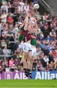 5 May 2024; Cein Darcy of Galway in action against Matthew Ruane, left, and Diarmuid O’Connor of Mayo during the Connacht GAA Football Senior Championship final match between Galway and Mayo at Pearse Stadium in Galway. Photo by Daire Brennan/Sportsfile