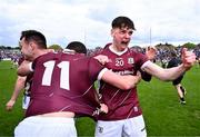 5 May 2024; Jack McCabe of Galway, 20, celebrates with team-mate John Maher after their side's victory in the Connacht GAA Football Senior Championship final match between Galway and Mayo at Pearse Stadium in Galway. Photo by Piaras Ó Mídheach/Sportsfile
