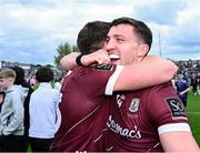 5 May 2024; Galway players Damien Comer, right, and Shane Walsh celebrate after their side's victory in the Connacht GAA Football Senior Championship final match between Galway and Mayo at Pearse Stadium in Galway. Photo by Piaras Ó Mídheach/Sportsfile