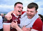 5 May 2024; Daniel Ó Flaherty of Galway, left, celebrates after victory in the Connacht GAA Football Senior Championship final match between Galway and Mayo at Pearse Stadium in Galway. Photo by Piaras Ó Mídheach/Sportsfile