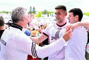 5 May 2024; Galway goalkeeper Connor Gleeson celebrates with his manager Padraic Joyce, left, after their side's victory in the Connacht GAA Football Senior Championship final match between Galway and Mayo at Pearse Stadium in Galway. Photo by Piaras Ó Mídheach/Sportsfile