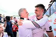 5 May 2024; Galway goalkeeper Connor Gleeson celebrates with his manager Padraic Joyce after their side's victory in the Connacht GAA Football Senior Championship final match between Galway and Mayo at Pearse Stadium in Galway. Photo by Piaras Ó Mídheach/Sportsfile