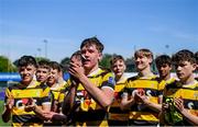 5 May 2024; Newbridge players acknowledge supporters after their side's victory during the Leinster Rugby Bank of Ireland Schools Youth Finals Day match between Suttonians and Newbridge at Energia Park in Dublin. Photo by Shauna Clinton/Sportsfile