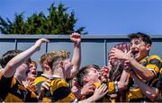 5 May 2024; Newbridge players celebrate after their side's victory in the Leinster Rugby Bank of Ireland Schools Youth Finals Day match between Suttonians and Newbridge at Energia Park in Dublin. Photo by Shauna Clinton/Sportsfile