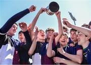 5 May 2024; DOW/ Kesterals players, including captain Ross Mahon, centre, celebrate after their side's victory in the Leinster Rugby Bank of Ireland Schools Youth Finals Day match between West Offaly/ Portarlington and DOW/ Kesterals at Energia Park in Dublin. Photo by Shauna Clinton/Sportsfile