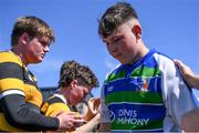 5 May 2024; Suttonians players dejected after their side's defeat in the Leinster Rugby Bank of Ireland Schools Youth Finals Day match between Suttonians and Newbridge at Energia Park in Dublin. Photo by Shauna Clinton/Sportsfile
