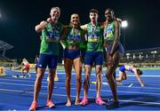 5 May 2024; The Ireland mixed 4x400m relay team, from left, Thomas Barr, Sharlene Mawdsley, Cillín Greene and Rhasidat Adeleke with their bronze medals during day two of the World Athletics Relays at Thomas A Robinson National Stadium in Nassau, Bahamas. Photo by Erik van Leeuwen/Sportsfile