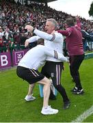 5 May 2024; Galway manager Padraic Joyce celebrates with backroom staff after the Connacht GAA Football Senior Championship final match between Galway and Mayo at Pearse Stadium in Galway. Photo by Seb Daly/Sportsfile