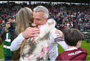 5 May 2024; Galway manager Padraic Joyce celebrates with his wife Tracey and son Charlie after the Connacht GAA Football Senior Championship final match between Galway and Mayo at Pearse Stadium in Galway. Photo by Seb Daly/Sportsfile