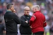 5 May 2024; Mayo manager Kevin McStay, centre, with selectors Damien Mulligan, left, and Stephen Rochford during the Connacht GAA Football Senior Championship final match between Galway and Mayo at Pearse Stadium in Galway. Photo by Seb Daly/Sportsfile