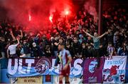6 May 2024; Drogheda United supporters celebrate after their side's first goal, scored by Frantz Pierrot, during the SSE Airtricity Men's Premier Division match between Drogheda United and Dundalk at Weavers Park in Drogheda, Louth. Photo by Ben McShane/Sportsfile