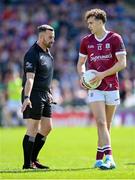 5 May 2024; Referee David Gough and Robert Finnerty of Galway during the Connacht GAA Football Senior Championship final match between Galway and Mayo at Pearse Stadium in Galway. Photo by Seb Daly/Sportsfile