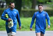 6 May 2024; Max Deegan, left, and Jimmy O'Brien arrive for Leinster rugby squad training at UCD in Dublin. Photo by Piaras Ó Mídheach/Sportsfile