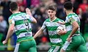 6 May 2024; Johnny Kenny of Shamrock Rovers celebrates after scoring his side's first goal with team-mates Aaron Greene, left, and Roberto Lopes during the SSE Airtricity Men's Premier Division match between Shamrock Rovers and Waterford at Tallaght Stadium in Dublin. Photo by Piaras Ó Mídheach/Sportsfile