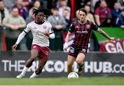 6 May 2024; Al-Amin Kazeem of Galway United in action against Dylan Connolly of Bohemians during the SSE Airtricity Men's Premier Division match between Bohemians and Galway United at Dalymount Park in Dublin. Photo by Ben McShane/Sportsfile